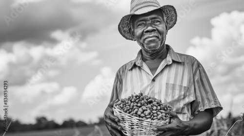 A black and white portrait of a farmer holding a basket generated by AI