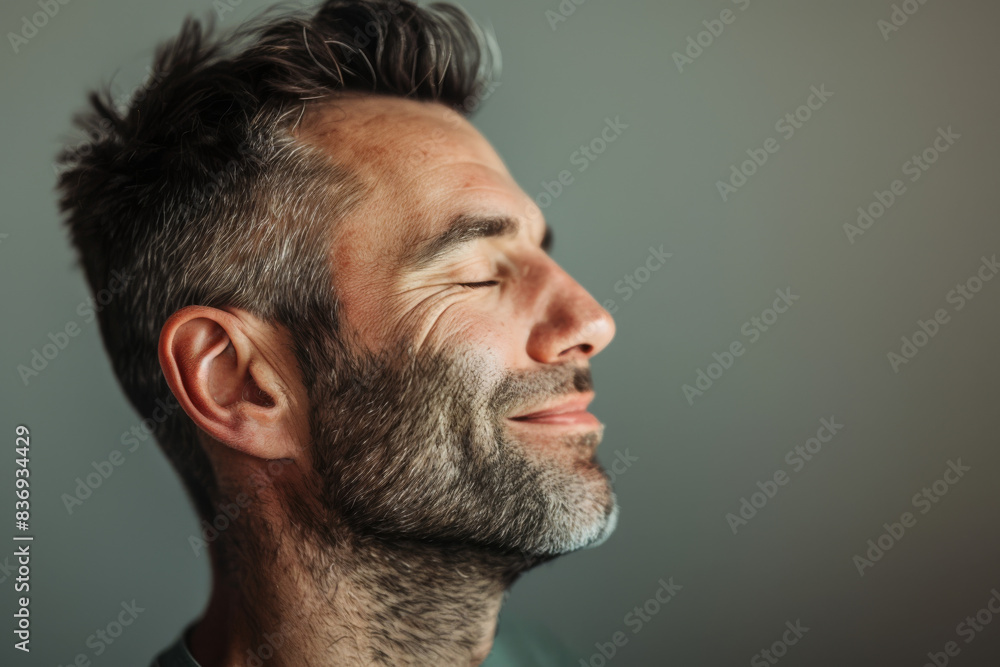Obraz premium A close up of a man with beard and closed eyes looking to a side