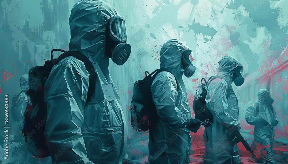 An intense digital painting of a quarantined area during a disease outbreak Medical professionals in protective gear highlighted against a panoramic view An intense digital painting of a quarantined area during a disease outbreak Medical professionals in protective gear highlighted against a panoramic view