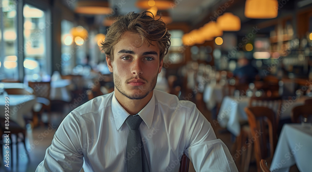 A young man dressed in business clothes in a restaurant. Generative AI. A young man dressed in business clothes in a restaurant. Generative AI.