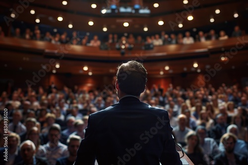Man giving a speech on a podium in front of an audience in a conference hall © darshika