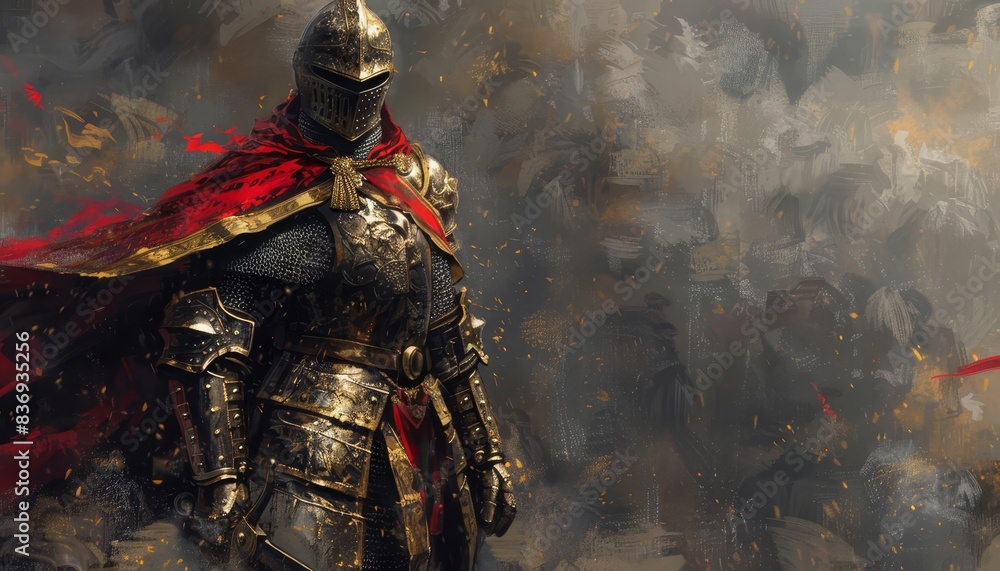 Bring to life a knight standing tall in gleaming armor, embodying bravery and honor, against a medieval backdrop, in a captivating digital painting with a fantasy feel Bring to life a knight standing tall in gleaming armor, embodying bravery and honor, against a medieval backdrop, in a captivating digital painting with a fantasy feel