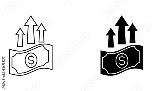 Money with arrow up, investment gain icon vector