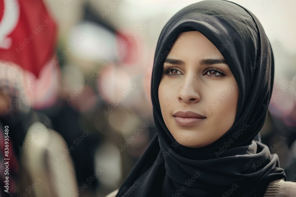 Closeup of a thoughtful young woman wearing a hijab with a blurry crowd in the background Closeup of a thoughtful young woman wearing a hijab with a blurry crowd in the background