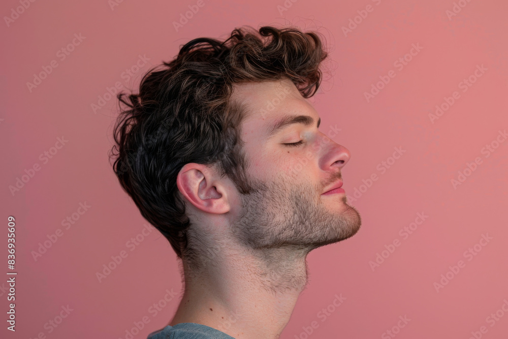 A close up of a man with beard and closed eyes looking to a side A close up of a man with beard and closed eyes looking to a side