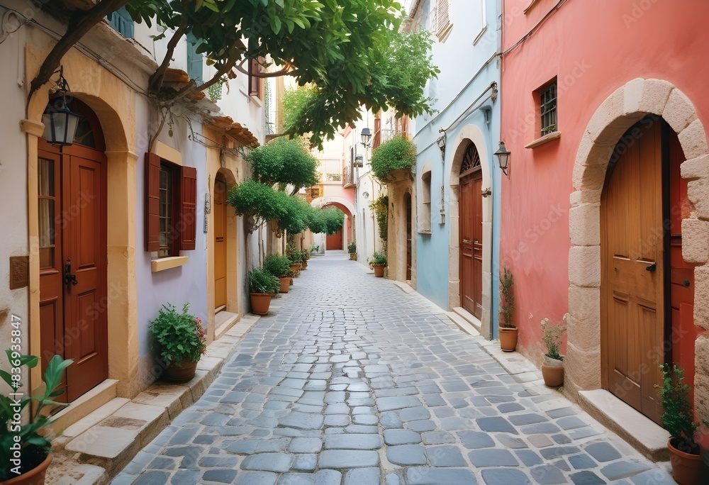 Obraz premium A narrow cobblestone street lined with colorful Mediterranean-style buildings, with potted plants and trees overhanging the walkway, creating a charming and picturesque scene