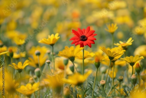 Bright red flower among yellow flowers in a field of wildflowers  concept of diversity and uniqueness