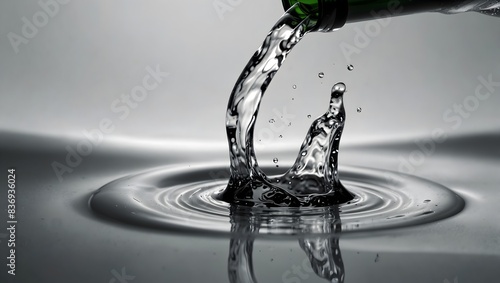 On a pristine white surface, the rhythmic flow of water from a bottle into a glass creates a mesmerizing cascade of liquid clarity ai_generated