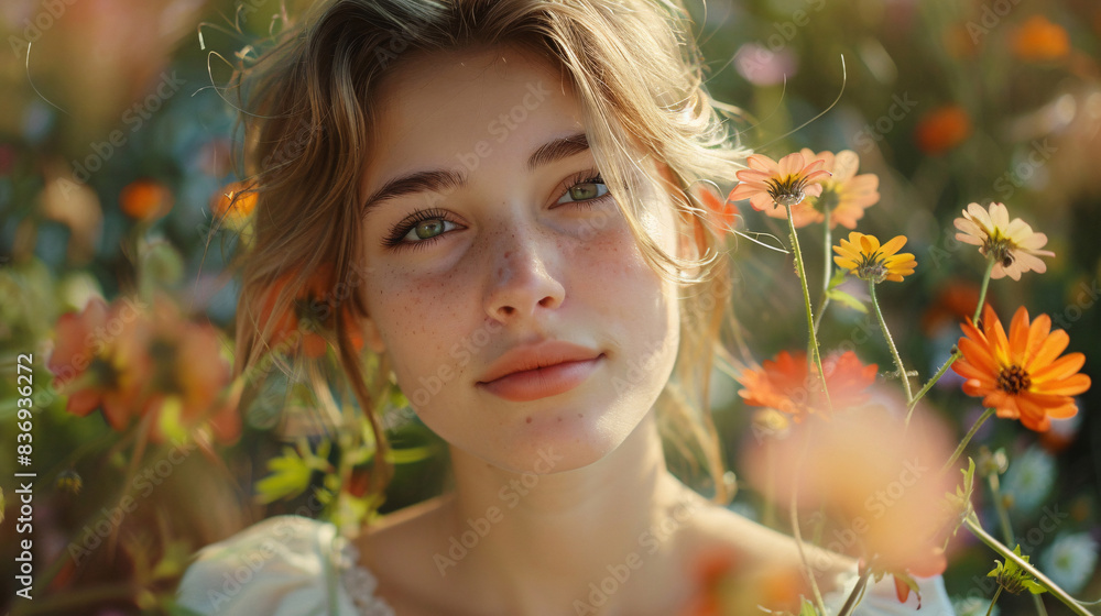 Attractive woman in a summer garden, surrounded by blooming flowers and healthy plants Attractive woman in a summer garden, surrounded by blooming flowers and healthy plants