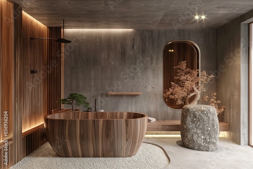 Luxurious Japandi bathroom design with wooden bathtub and natural stone textures