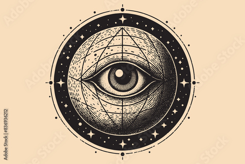 Planet with an eye. All-seeing eye. Isoteric, occult, magical vector illustration. vintage black engraving, emblem, logo. tattoo sketch, print
