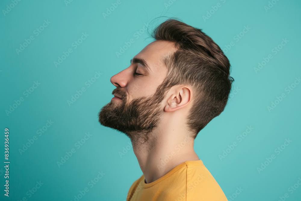 Obraz premium A close up of a man with beard and closed eyes looking to a side