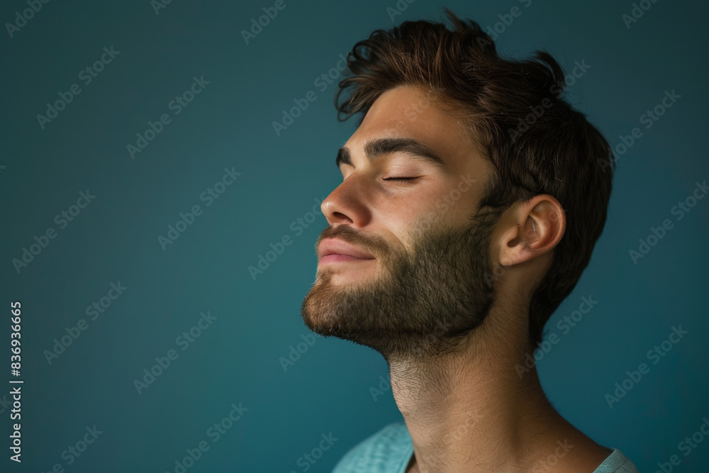 Obraz premium A close up of a man with beard and closed eyes looking to a side