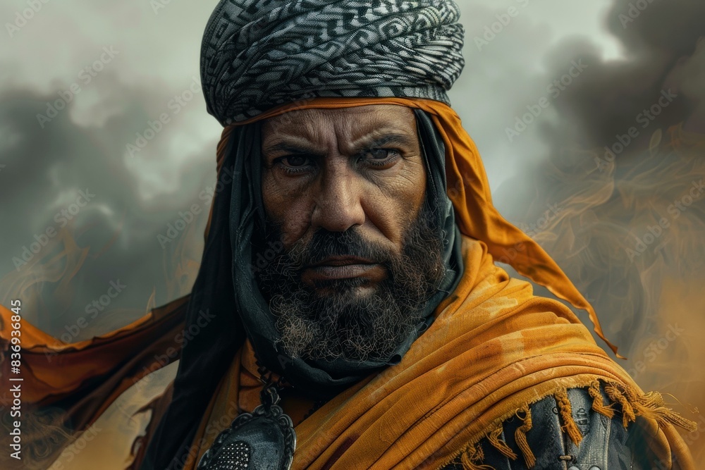 Intense closeup portrait of a rugged desert nomad man with a stern expression wearing traditional tribal attire and a headscarf Intense closeup portrait of a rugged desert nomad man with a stern expression wearing traditional tribal attire and a headscarf