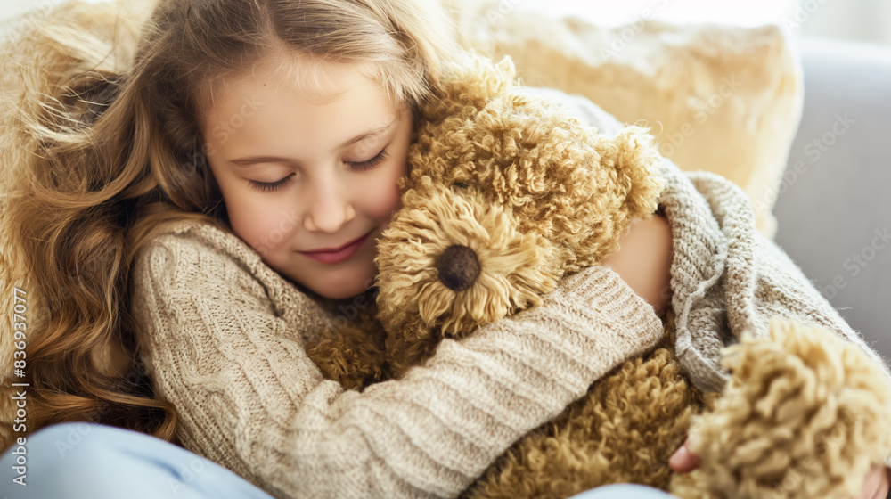 Young girl with long, wavy hair hugs a fluffy teddy bear tightly, her eyes closed in contentment. Young girl with long, wavy hair hugs a fluffy teddy bear tightly, her eyes closed in contentment.