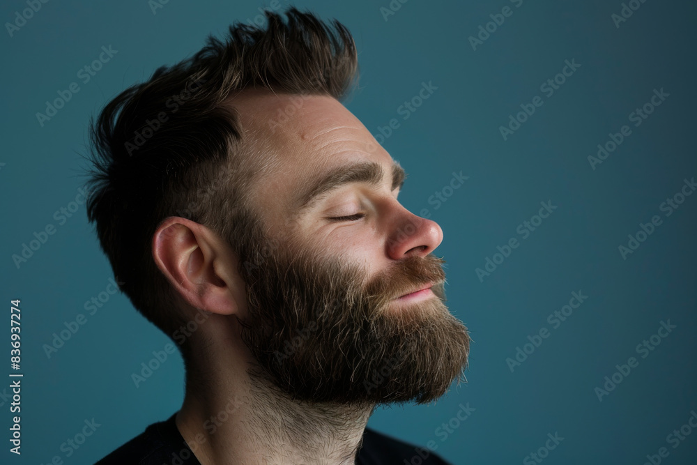 A close up of a man with beard and closed eyes looking to a side A close up of a man with beard and closed eyes looking to a side