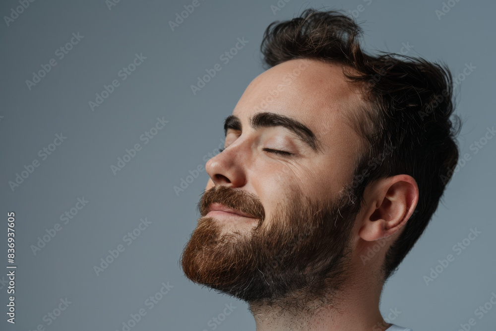 Obraz premium A close up of a man with beard and closed eyes looking to a side