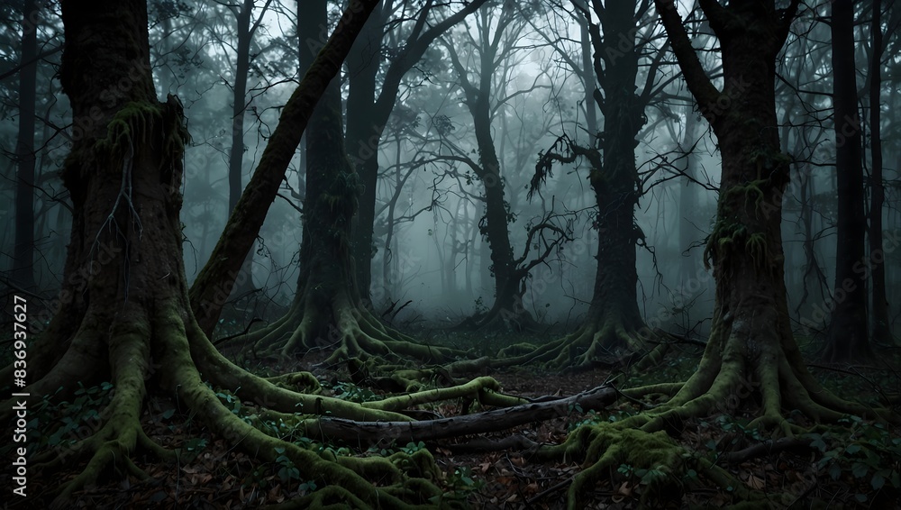 Fototapeta premium In the heart of the dark forest, an ancient curse stirs beneath the tangled roots ai_generated