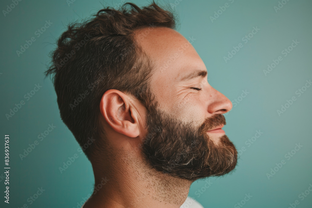 Obraz premium A close up of a man with beard and closed eyes looking to a side
