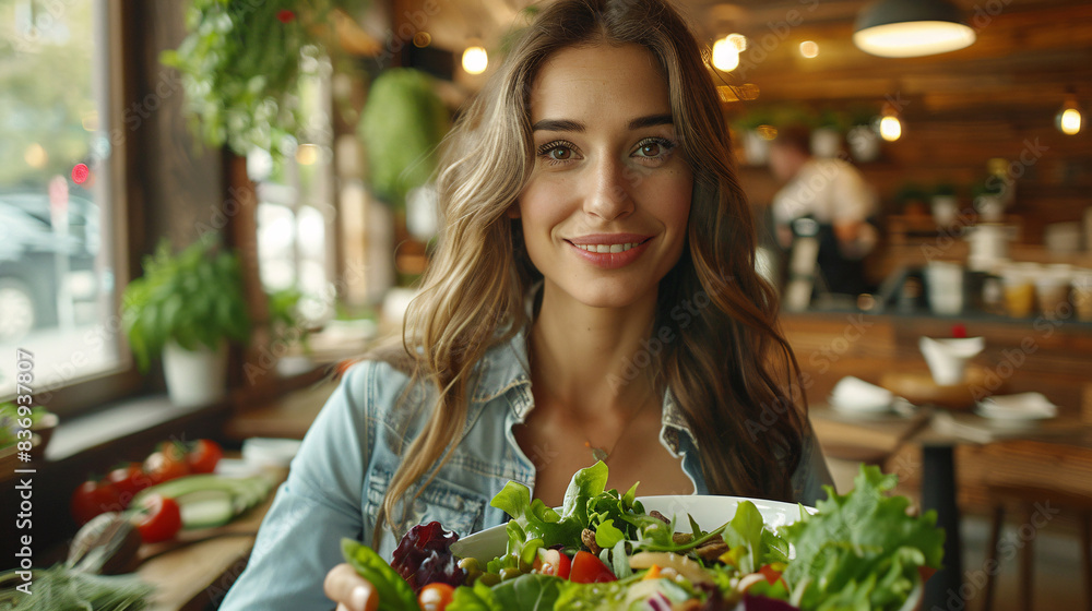 Beautiful woman enjoying a healthy salad in a trendy cafe with a wooden interior Beautiful woman enjoying a healthy salad in a trendy cafe with a wooden interior