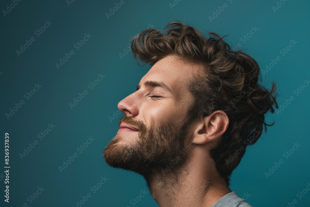 Fototapeta premium A close up of a man with beard and closed eyes looking to a side