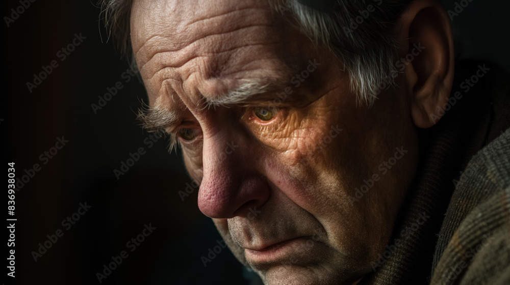 Obraz premium Elderly man with a solemn expression, highlighted by soft, natural light, conveying a sense of contemplation and deep thought.