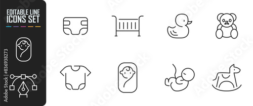 Minimal cute baby line icon set