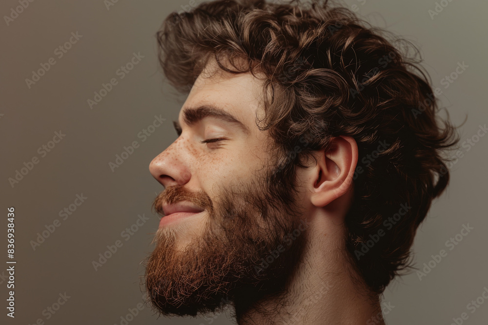 A close up of a man with beard and closed eyes looking to a side A close up of a man with beard and closed eyes looking to a side
