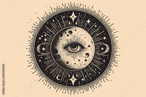 Planet with an eye. All-seeing eye. Isoteric, occult, magical vector illustration. vintage black engraving, emblem, logo. tattoo sketch, print