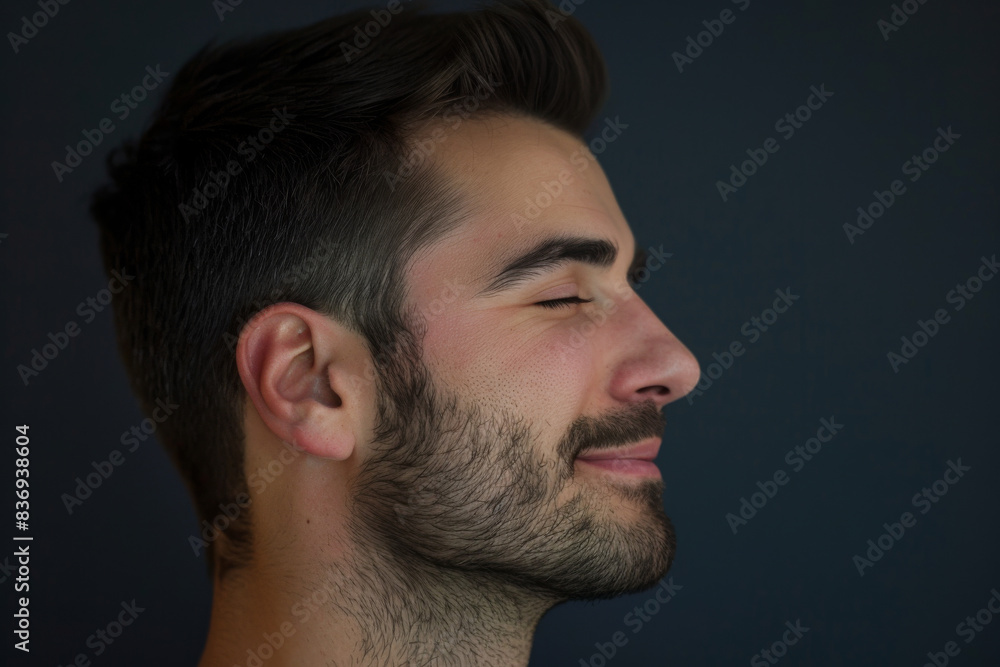 Fototapeta premium A close up of a man with beard and closed eyes looking to a side