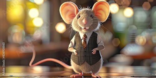 Cute Mouse in Business Suit Standing on Table photo