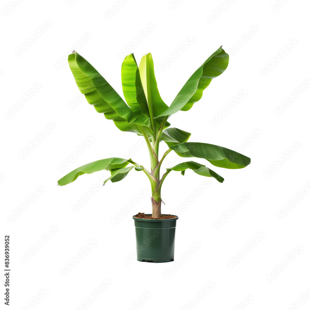 A Potted Banana Plant, Its Leaves Reaching Skyward, A Symbol Of Growth Against The Blank Canvas A Potted Banana Plant, Its Leaves Reaching Skyward, A Symbol Of Growth Against The Blank Canvas