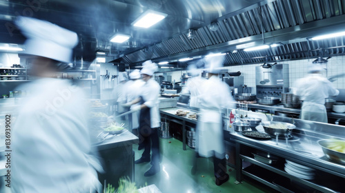 Cooks in commercial kitchen  motion blur. Stressful physical job