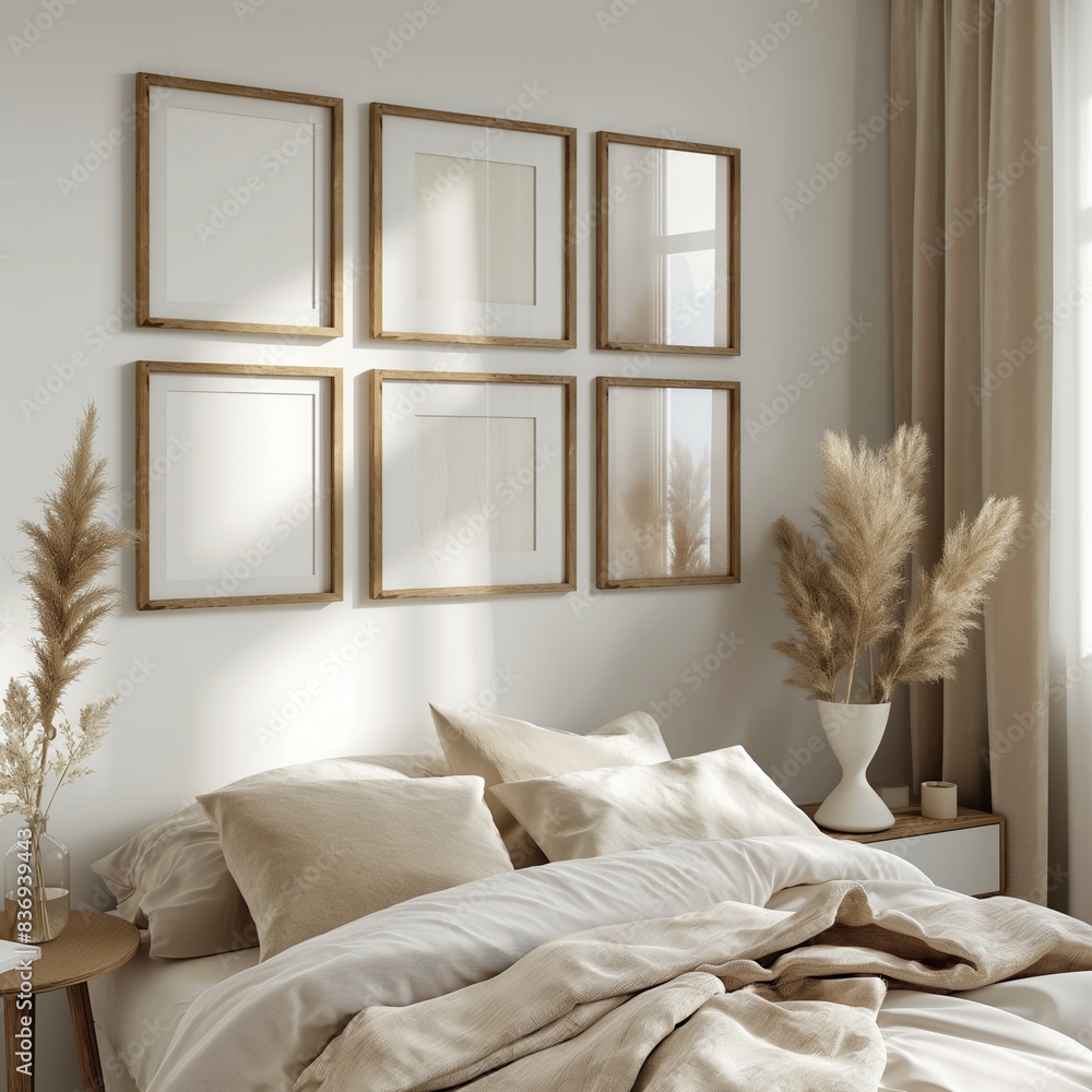 Multi frame mockup, home room bedroom interior with bed, framed wall poster Multi frame mockup, home room bedroom interior with bed, framed wall poster