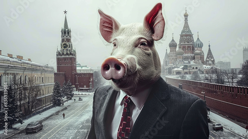 Corrupt politician, lobbyist, bureaucrat with pig head, cityscape in background