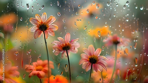 Lovely fall tumble blooms outside the window, trickling rain developing tiny droplets over the glass window lovely fuzzy setting and space, Generative AI. photo