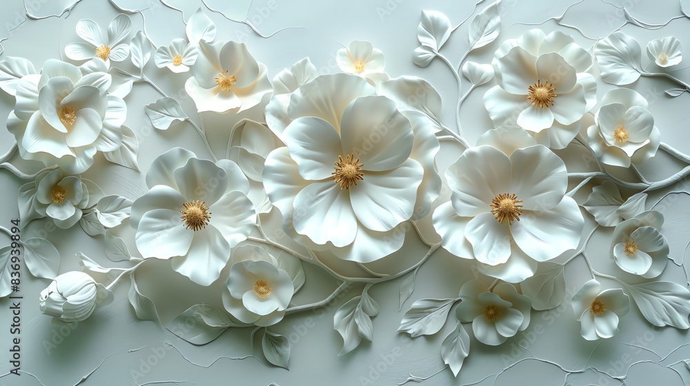Elegant white 3D floral wall art with delicate flower petals and intricate details, showcasing a beautiful and sophisticated decorative design. Elegant white 3D floral wall art with delicate flower petals and intricate details, showcasing a beautiful and sophisticated decorative design.
