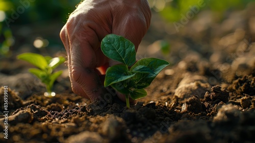 A close-up of a hand planting a young tree sapling in rich soil, symbolizing reforestation and the importance of caring for the planet.