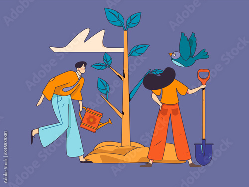 Flat character vector concept operation hand drawn illustration of planting trees on Arbor Day in spring
