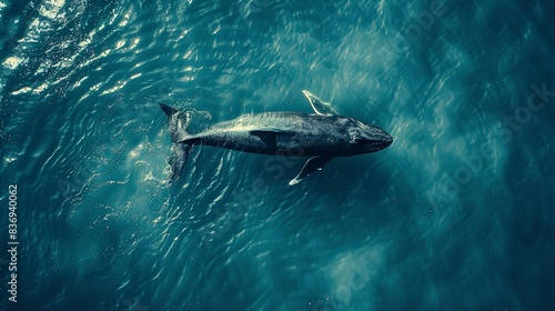 A overhead view of a whale on a clean blue sea water backdrop with a big space for text or product advertisement purpose and detailed water splashes, Generative AI. photo