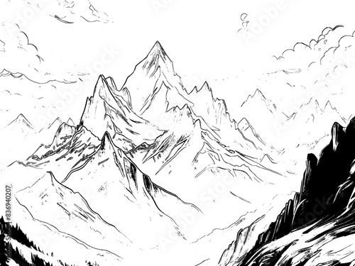 Nature landscape view in white and black. a rocky mountain