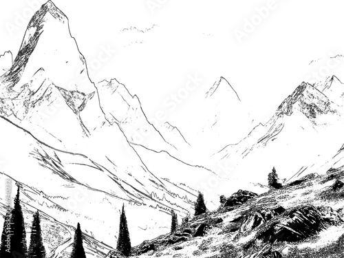 Nature landscape view in white and black. a rocky mountain