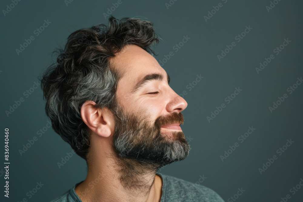 Obraz premium A close up of a man with beard and closed eyes looking to a side