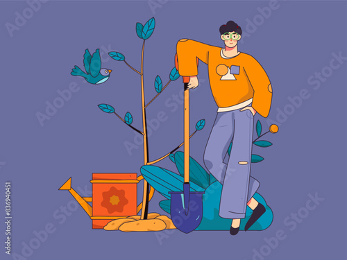 Flat character vector concept operation hand drawn illustration of planting trees on Arbor Day in spring
