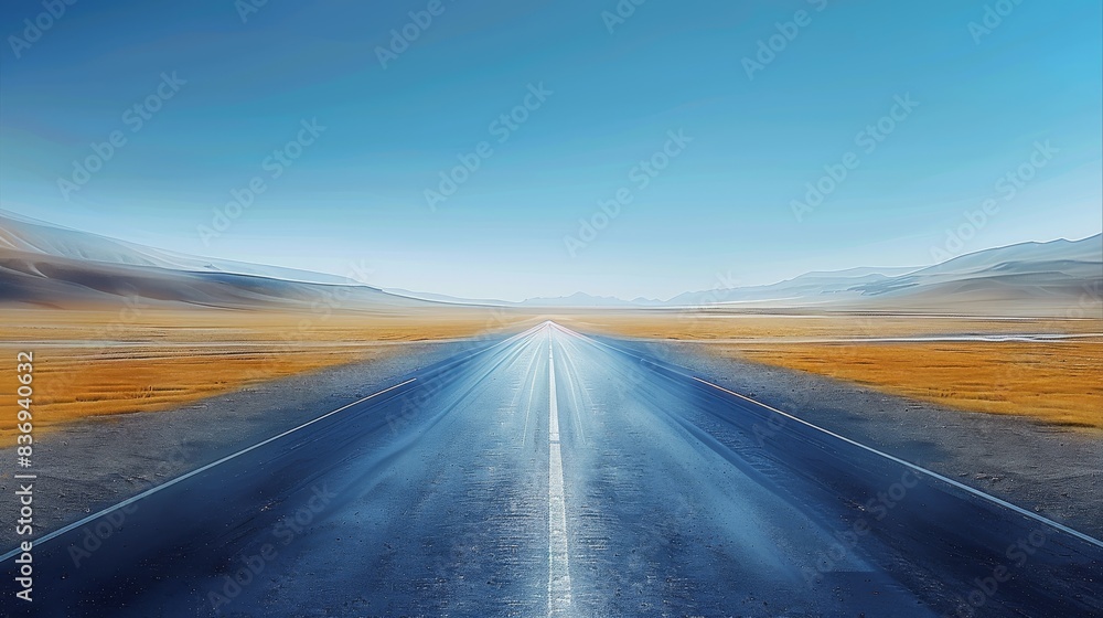 Naklejka premium A straight road, Empty and clean, The background is clear blue sky, The floor is an asphalt road. Generative AI.