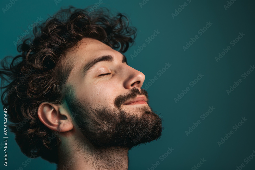 Fototapeta premium A close up of a man with beard and closed eyes looking to a side