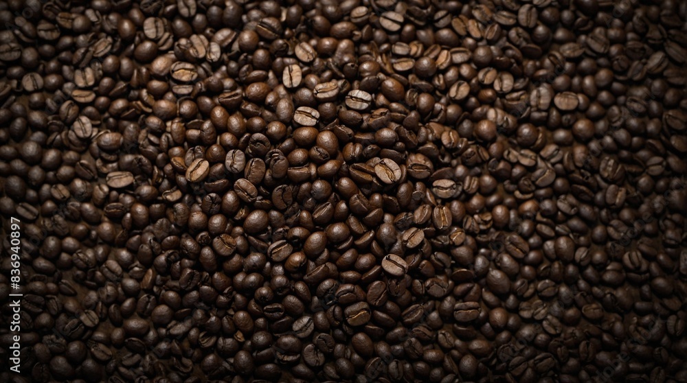 AI generated illustration of roasted coffee beans scattered on a dark surface AI generated illustration of roasted coffee beans scattered on a dark surface