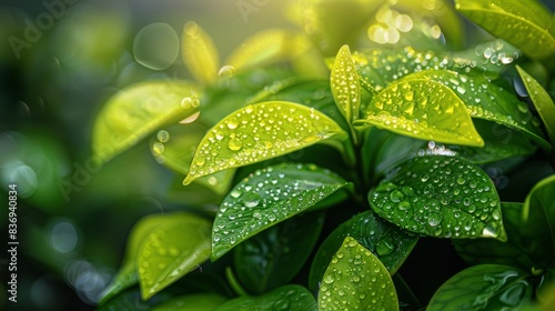 A close-up of a vibrant green bush covered in dewdrops, glistening in the early morning light, showcasing the beauty of nature.