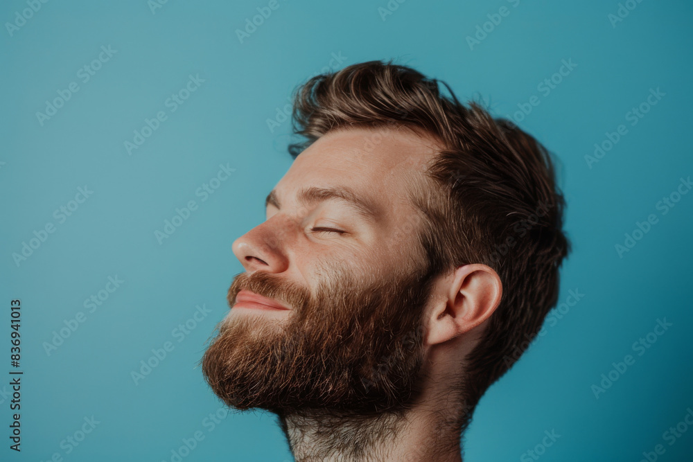 Obraz premium A close up of a man with beard and closed eyes looking to a side