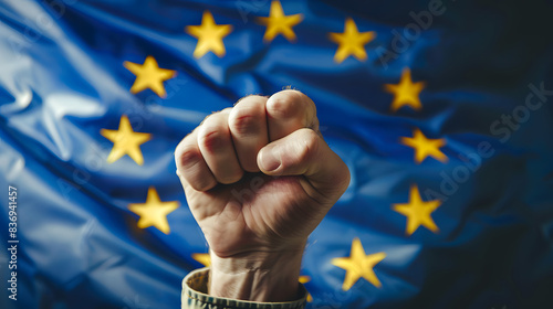 A raised fist in front of the European Union flag, symbolizing strength, solidarity, and unity within the EU